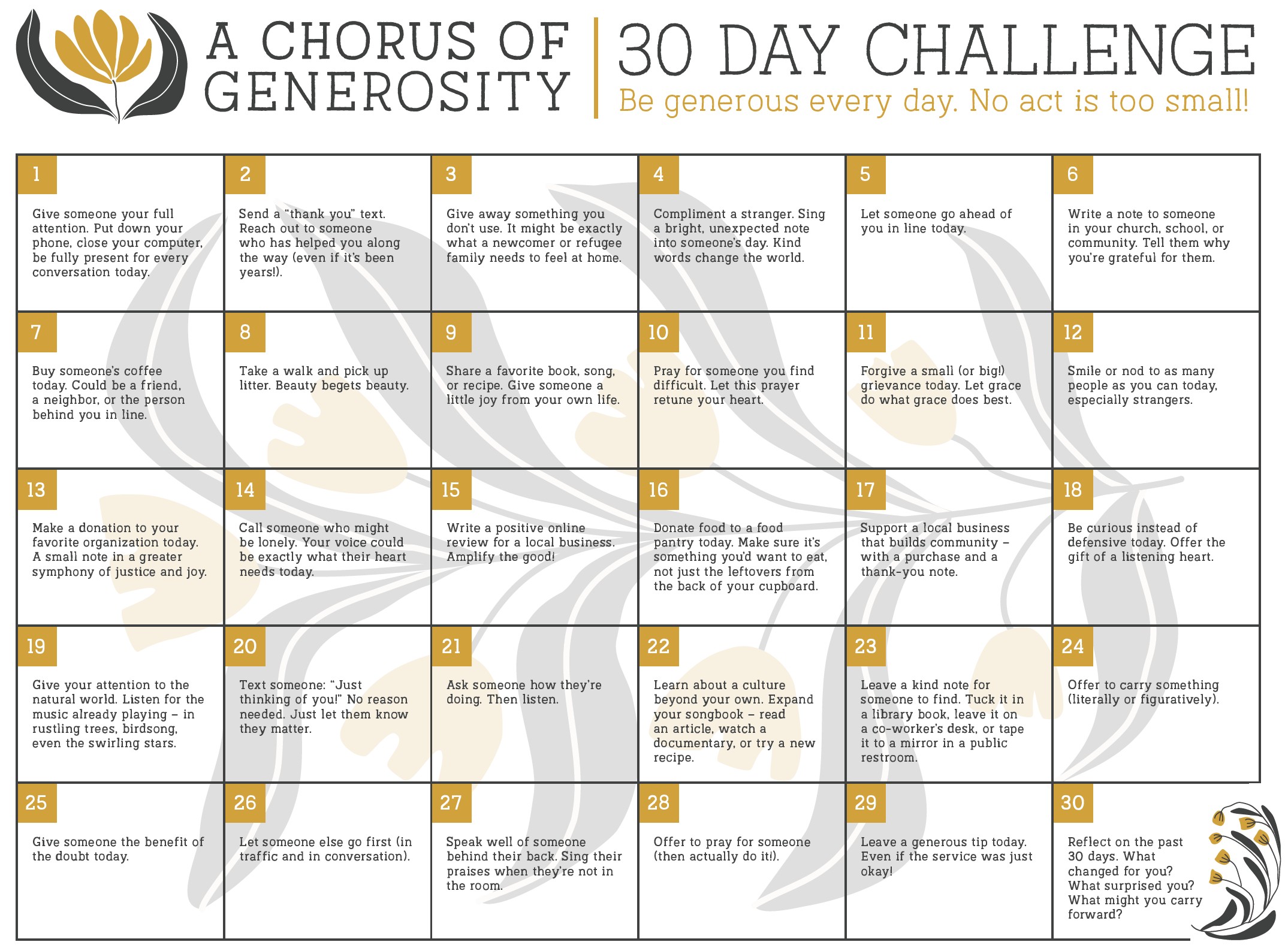 A Chorus of Generosity 30-Day Challenge PDF preview